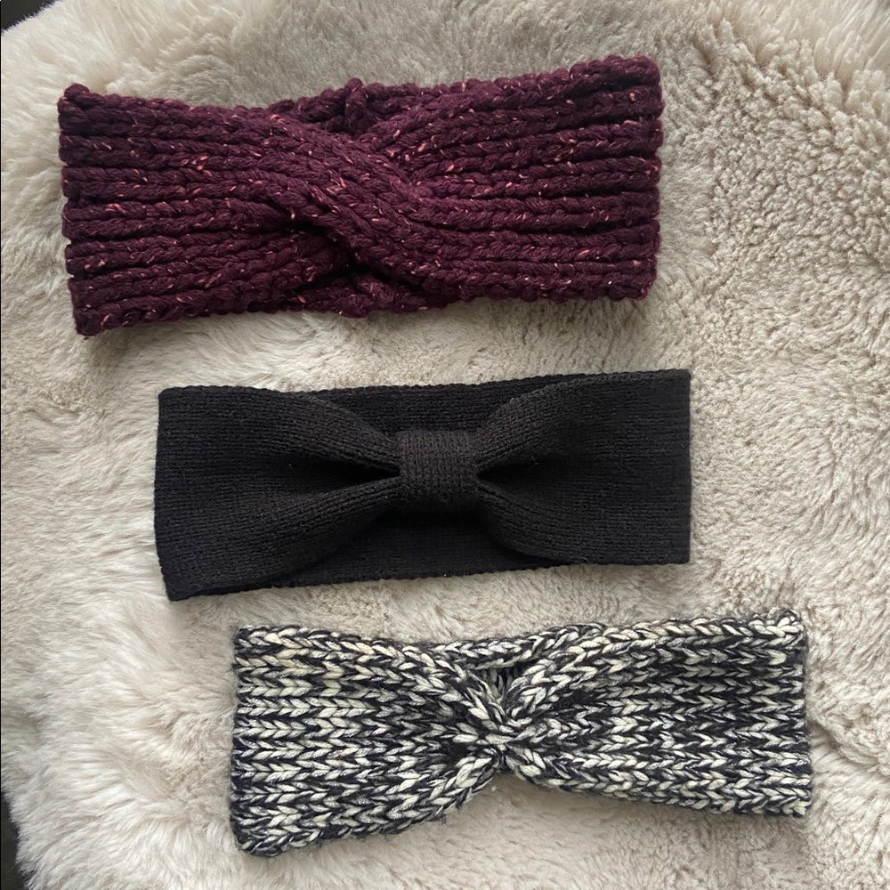 Bundle of 3 ear warmers knit sweater headbands burgundy black cream winter warm